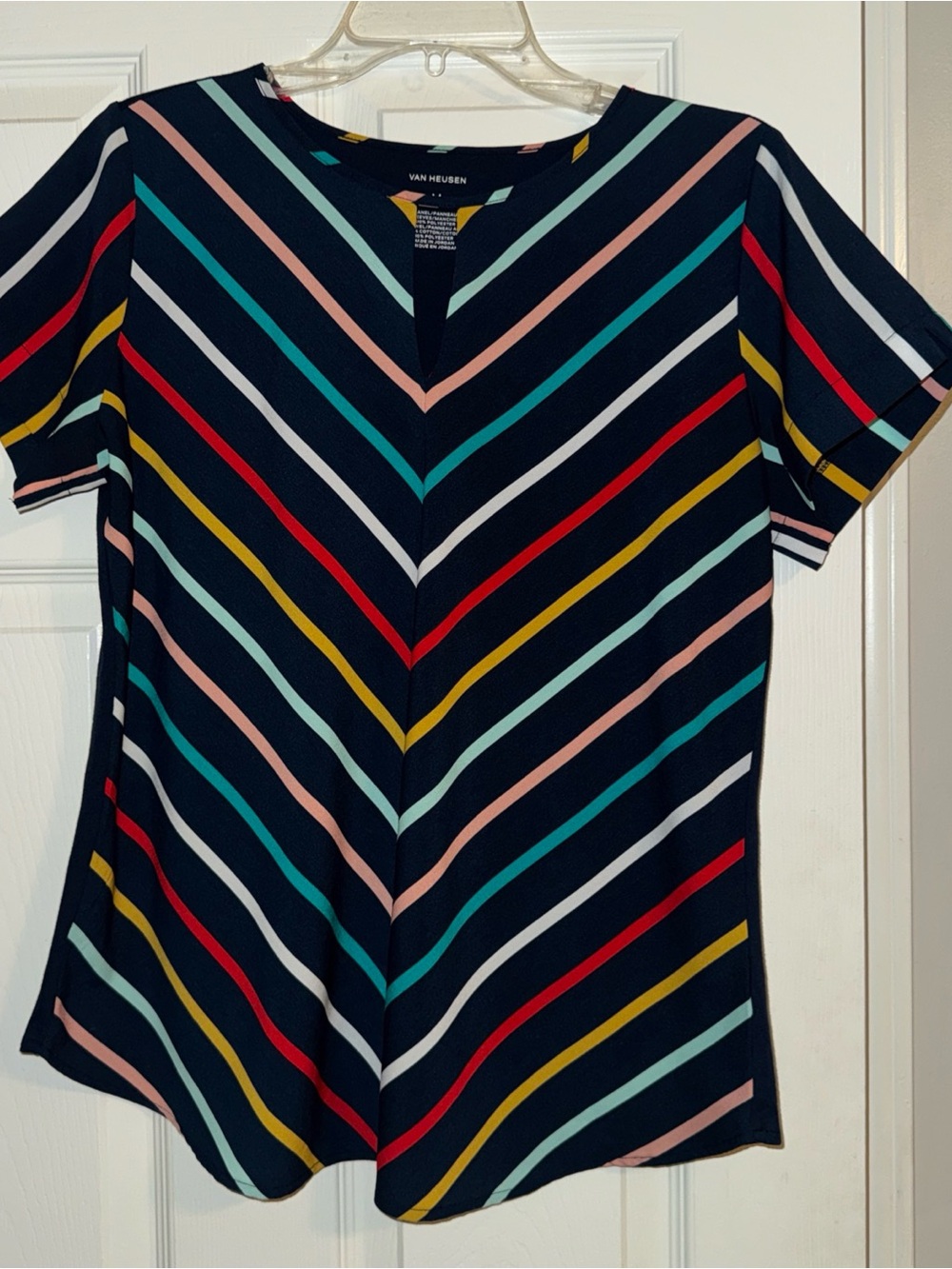 Van Heusen Navy Multi-Stripe V-Notch Short Sleeve Top